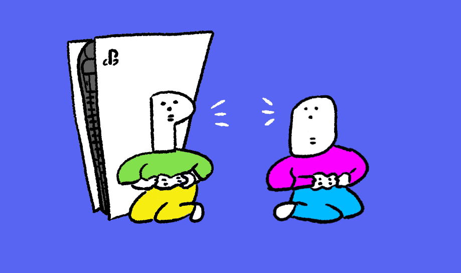 PS5でDiscordでチャットしている友人たちのイラスト