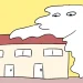 集合住宅に倒れかかるキャラクターのイラスト